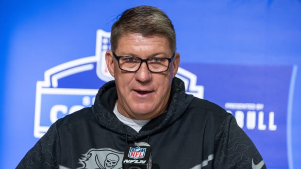 Tampa Bay Buccaneers general manager Jason Licht speaking at the 2023 NFL Scouting Combine.